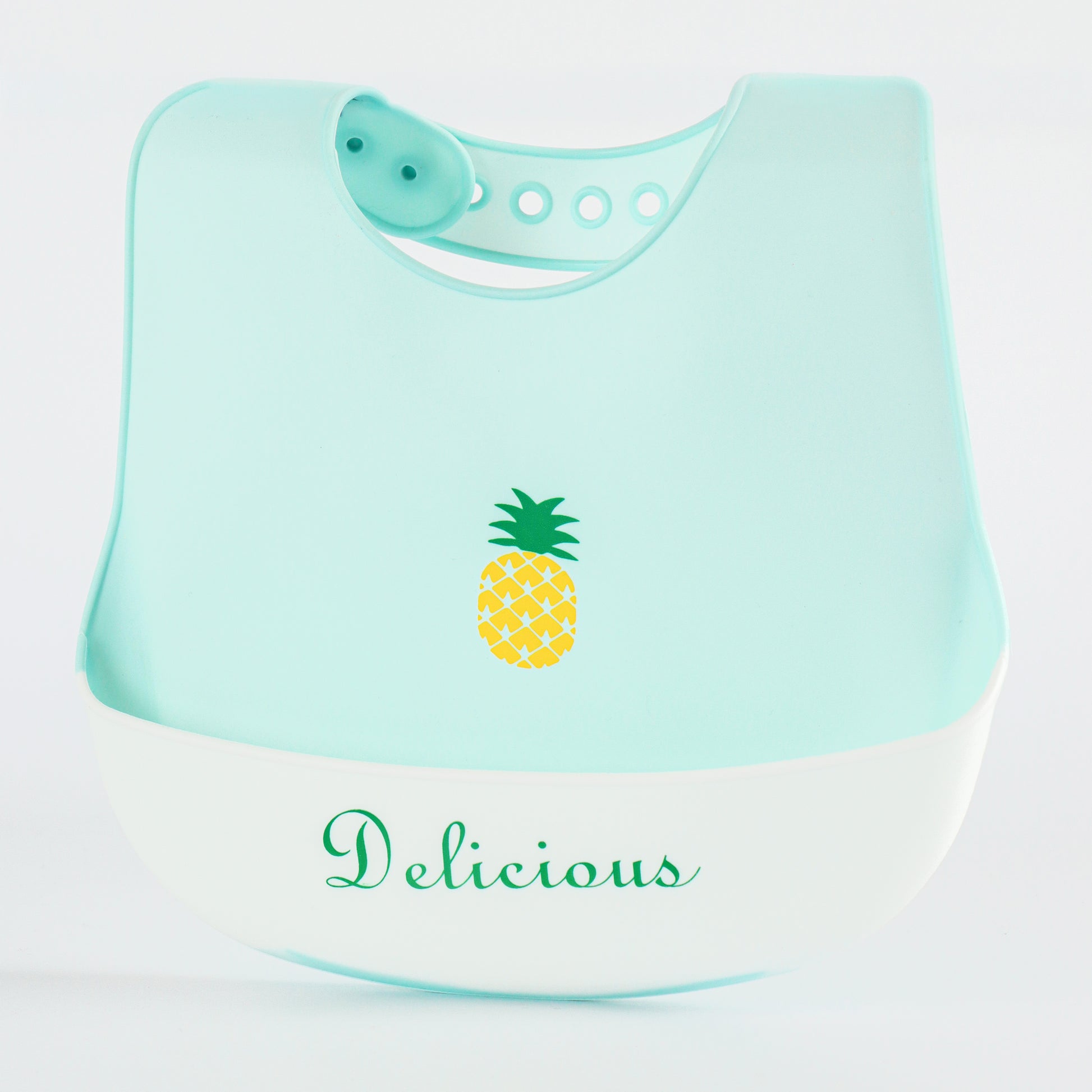 Baby Silicone Feeding Bib with Food Catcher Pocket – Mint Green Pineapple Print