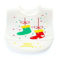 Baby Silicone Feeding Bib with Food Catcher Pocket – White Christmas Print