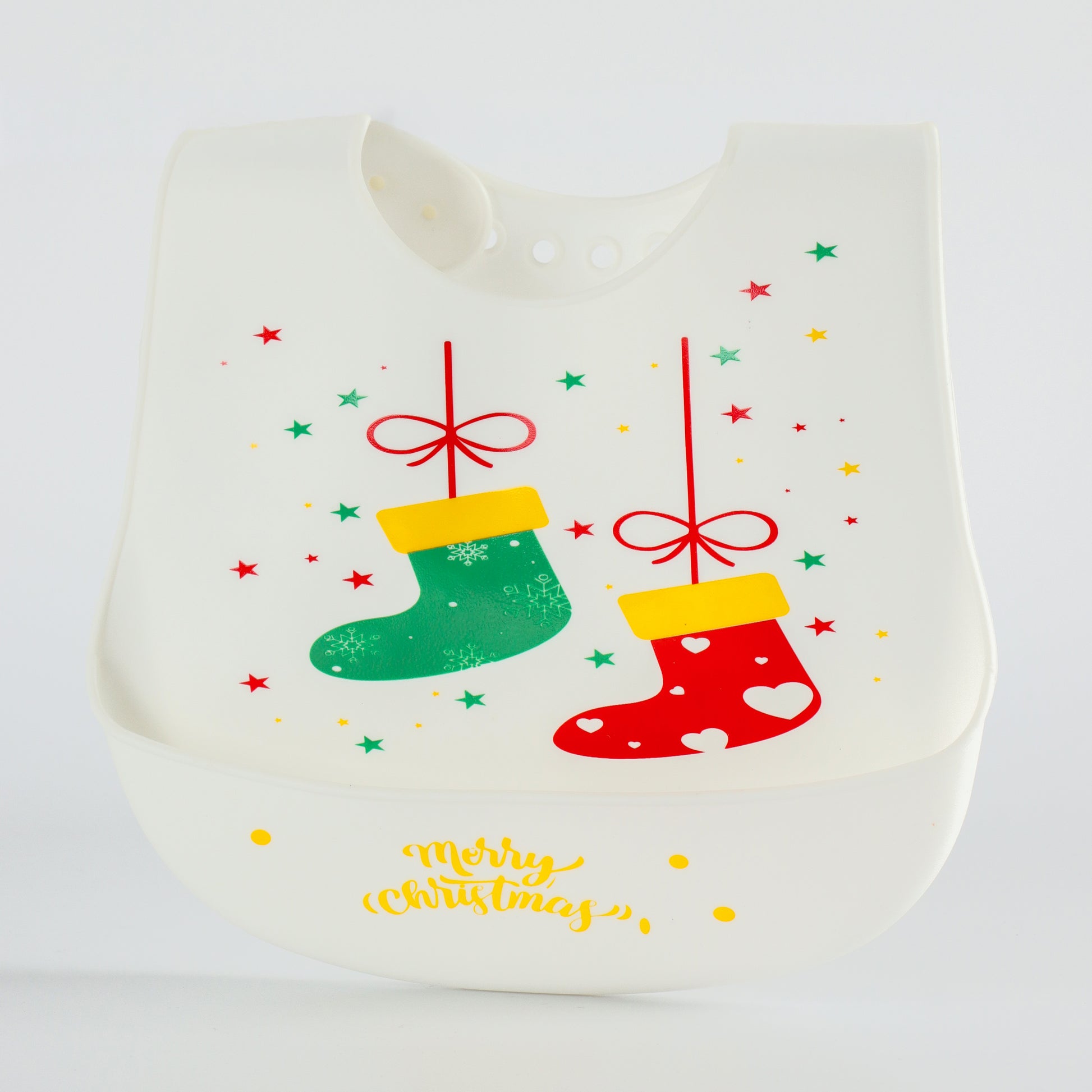 Baby Silicone Feeding Bib with Food Catcher Pocket – White Christmas Print