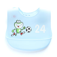 Baby Silicone Feeding Bib with Food Catcher Pocket – Blue Frog Football Print