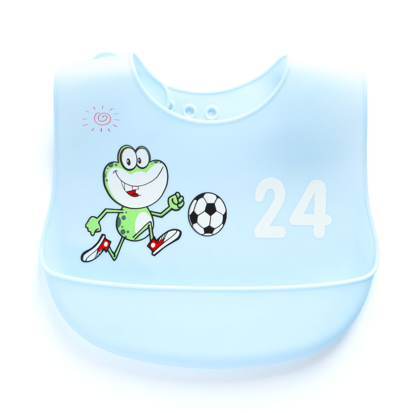 Baby Silicone Feeding Bib with Food Catcher Pocket – Blue Frog Football Print