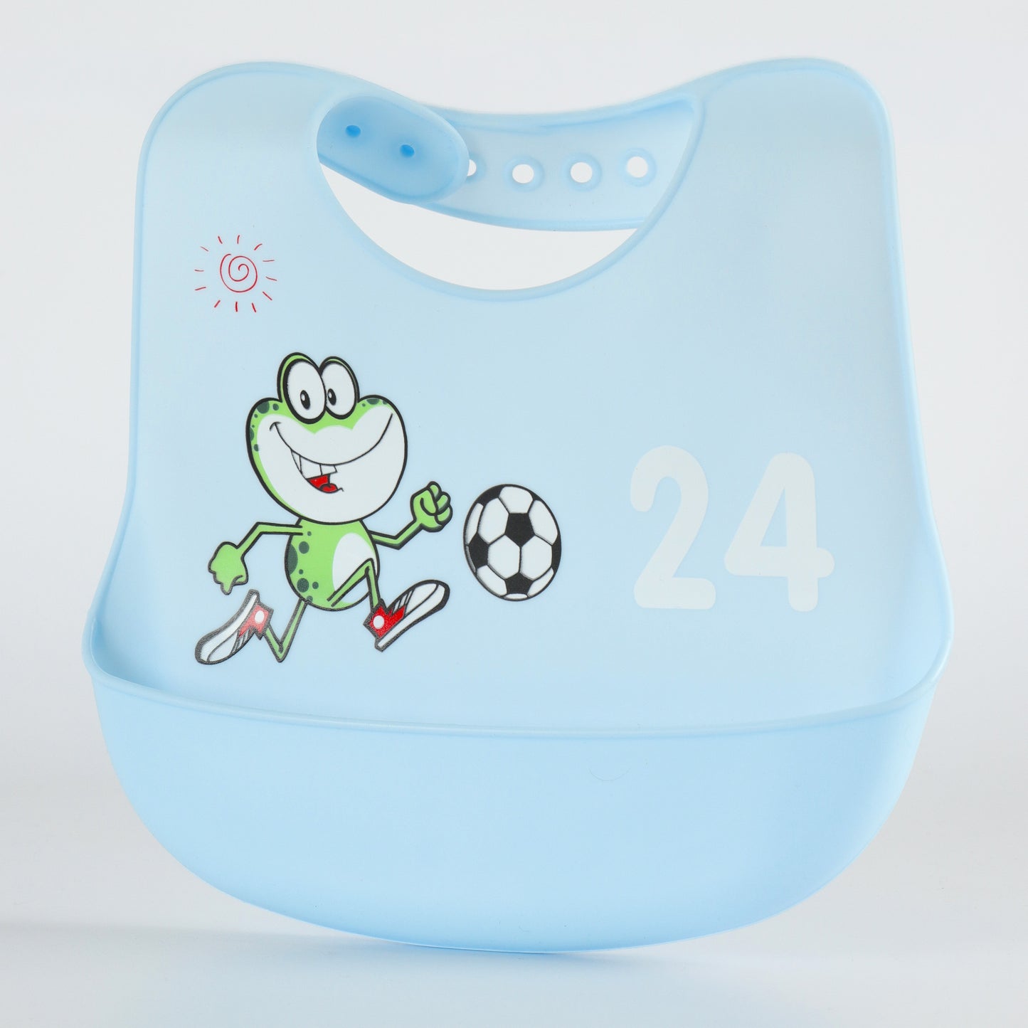 Baby Silicone Feeding Bib with Food Catcher Pocket – Blue Frog Football Print