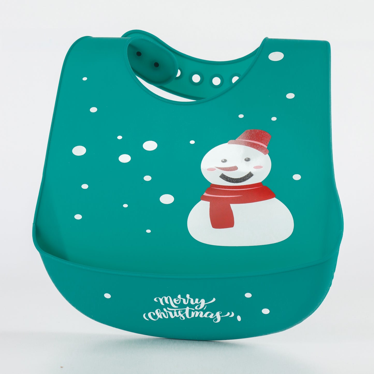 Baby Silicone Feeding Bib with Food Catcher Pocket – Green Snowman Christmas Print