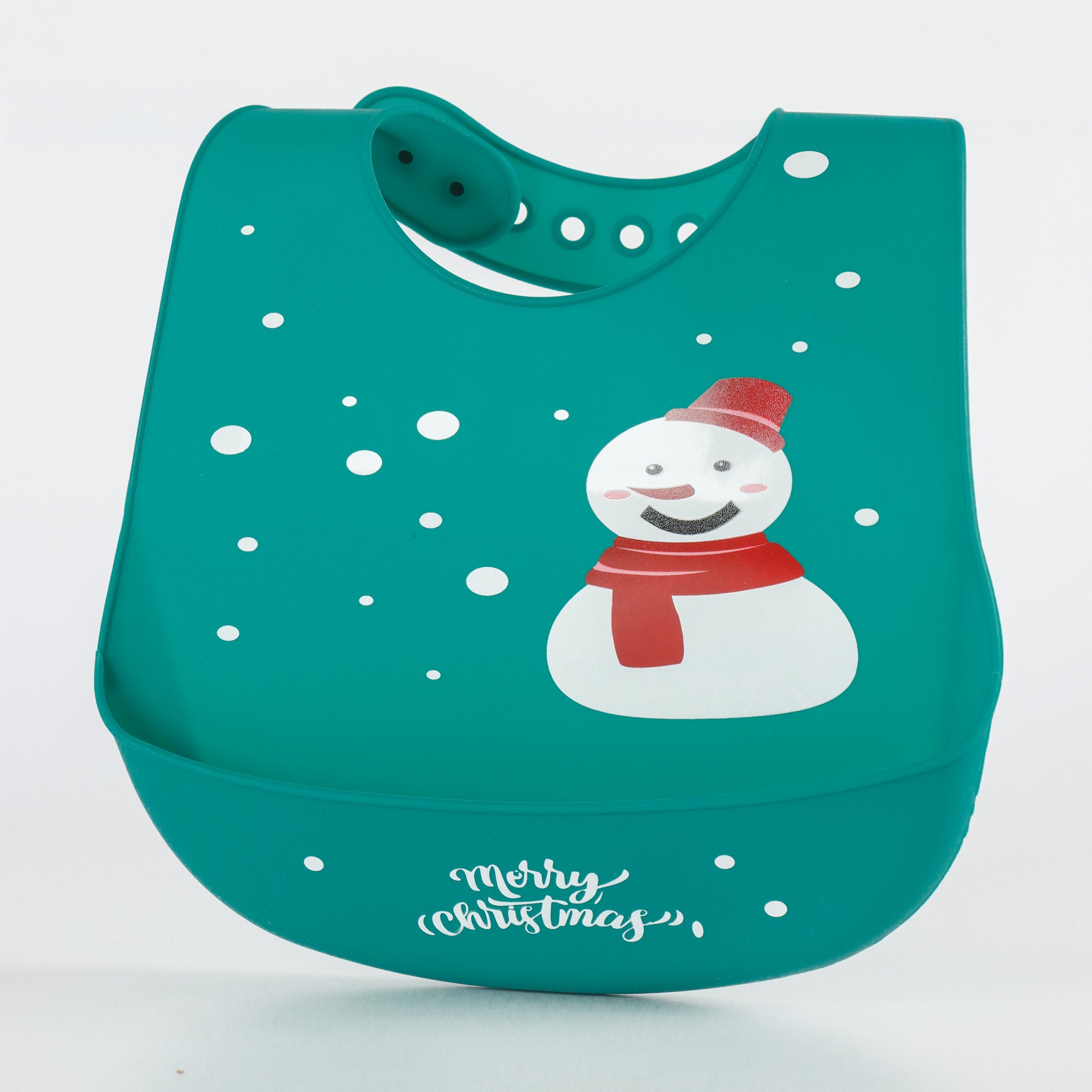 Baby Silicone Feeding Bib with Food Catcher Pocket – Green Snowman Christmas Print