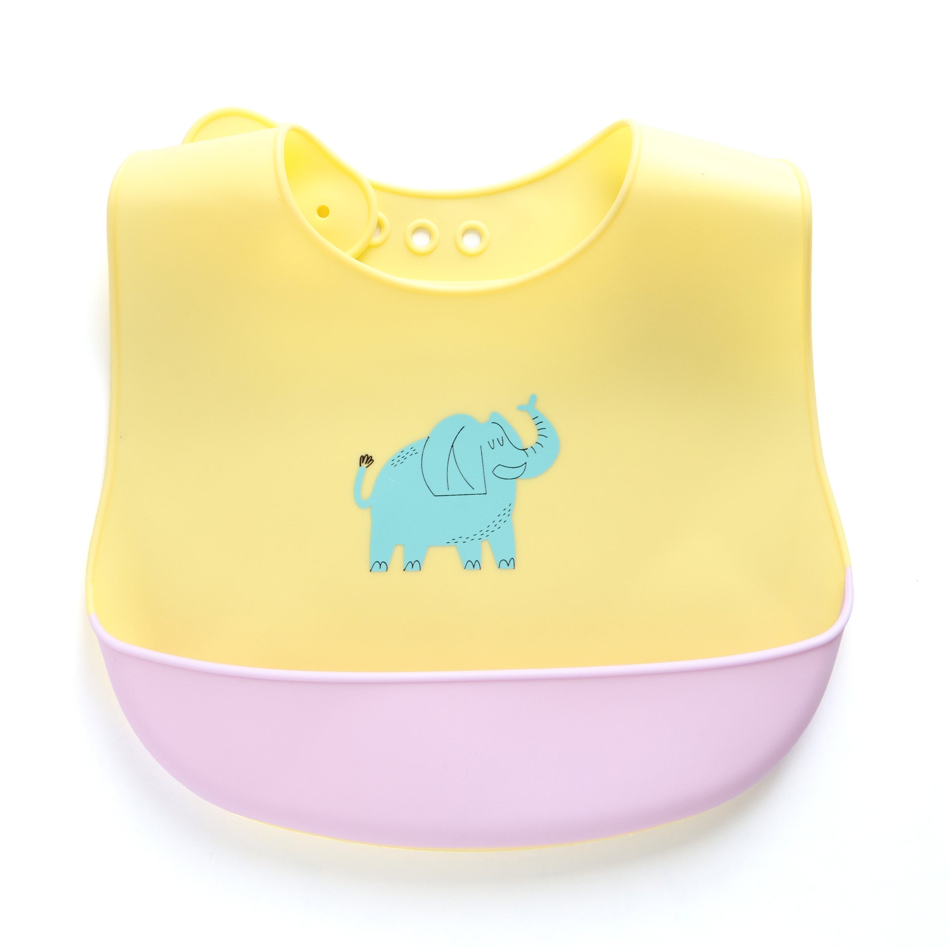 Baby Silicone Feeding Bib with Food Catcher Pocket – Yellow Elephant Print