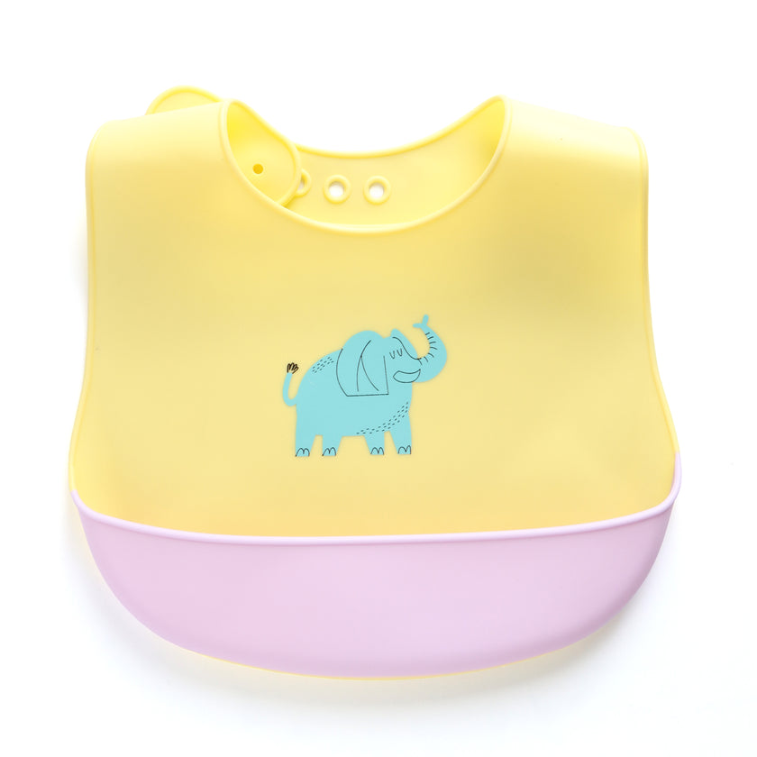Baby Silicone Feeding Bib with Food Catcher Pocket – Yellow Elephant Print