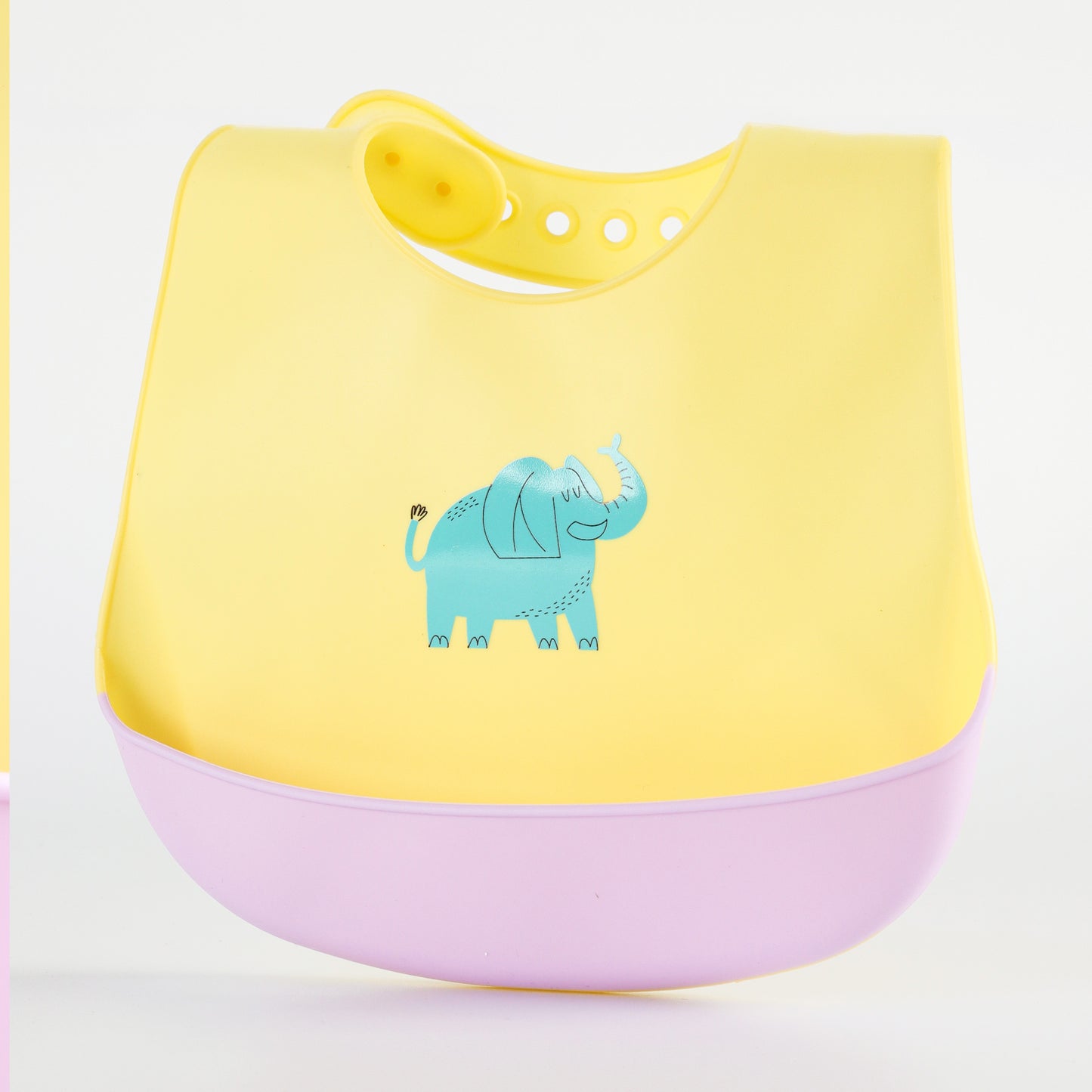 Baby Silicone Feeding Bib with Food Catcher Pocket – Yellow Elephant Print
