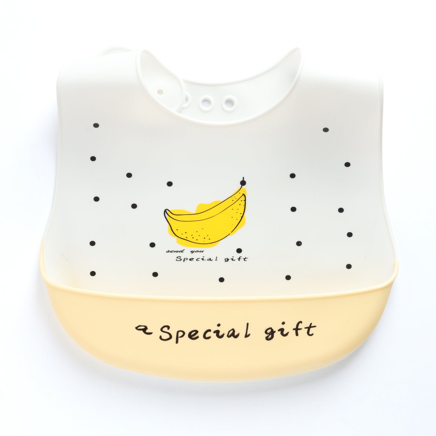 Baby Silicone Feeding Bib with Food Catcher Pocket – White & Yellow Banana Print