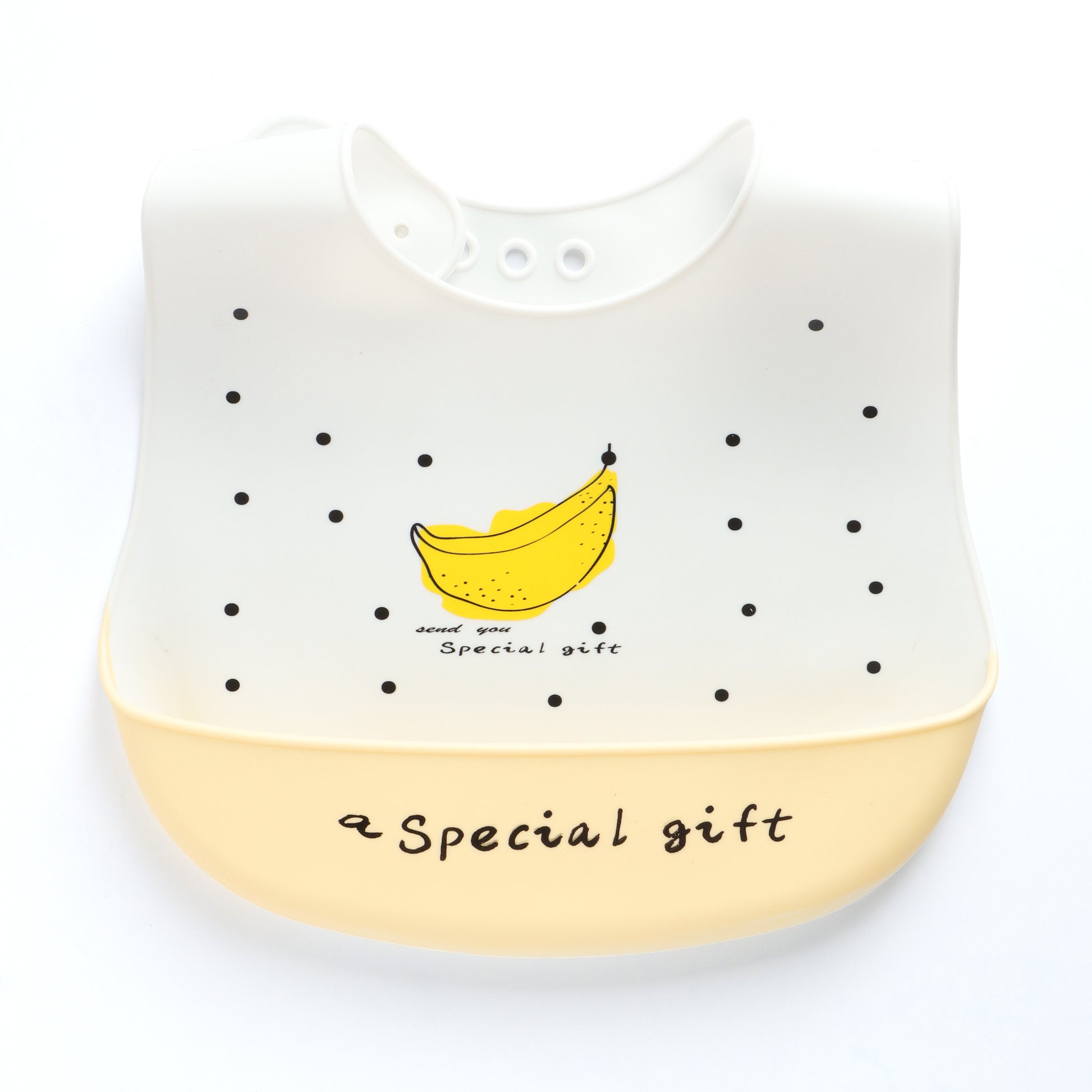 Baby Silicone Feeding Bib with Food Catcher Pocket – White & Yellow Banana Print