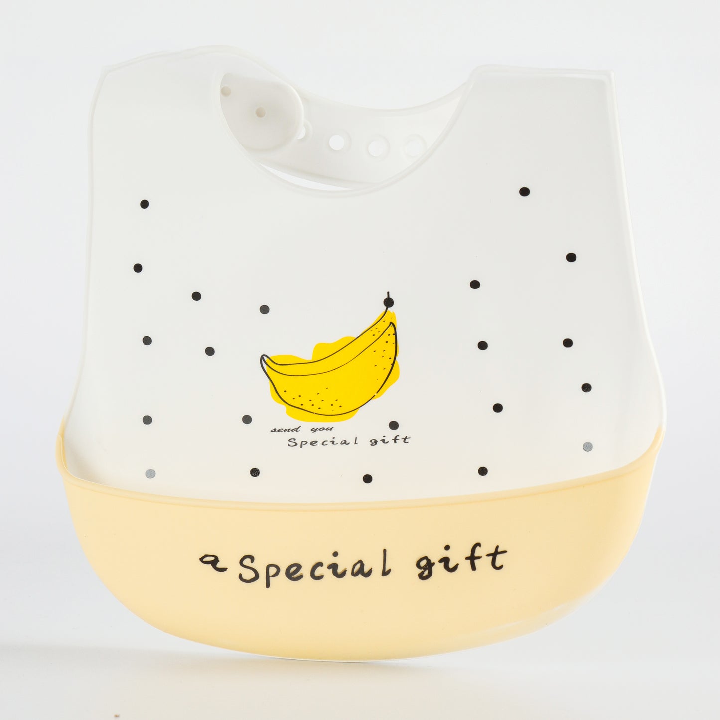 Baby Silicone Feeding Bib with Food Catcher Pocket – White & Yellow Banana Print