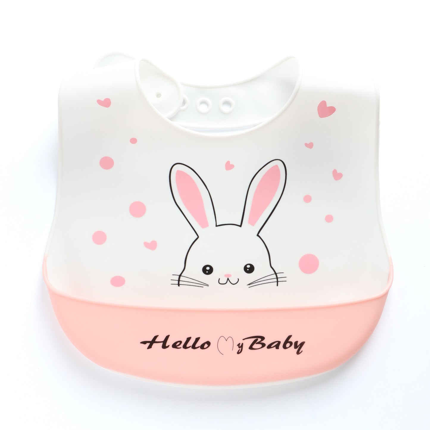 Baby Silicone Feeding Bib with Food Catcher Pocket – White & Pink Bunny Print