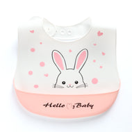 Baby Silicone Feeding Bib with Food Catcher Pocket – White & Pink Bunny Print
