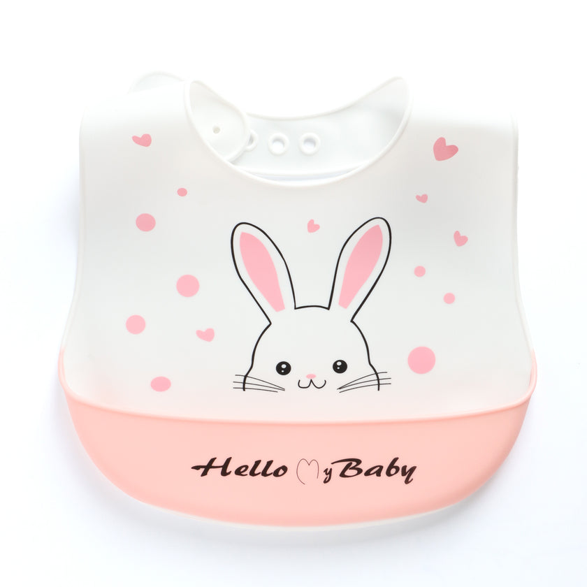 Baby Silicone Feeding Bib with Food Catcher Pocket – White & Pink Bunny Print