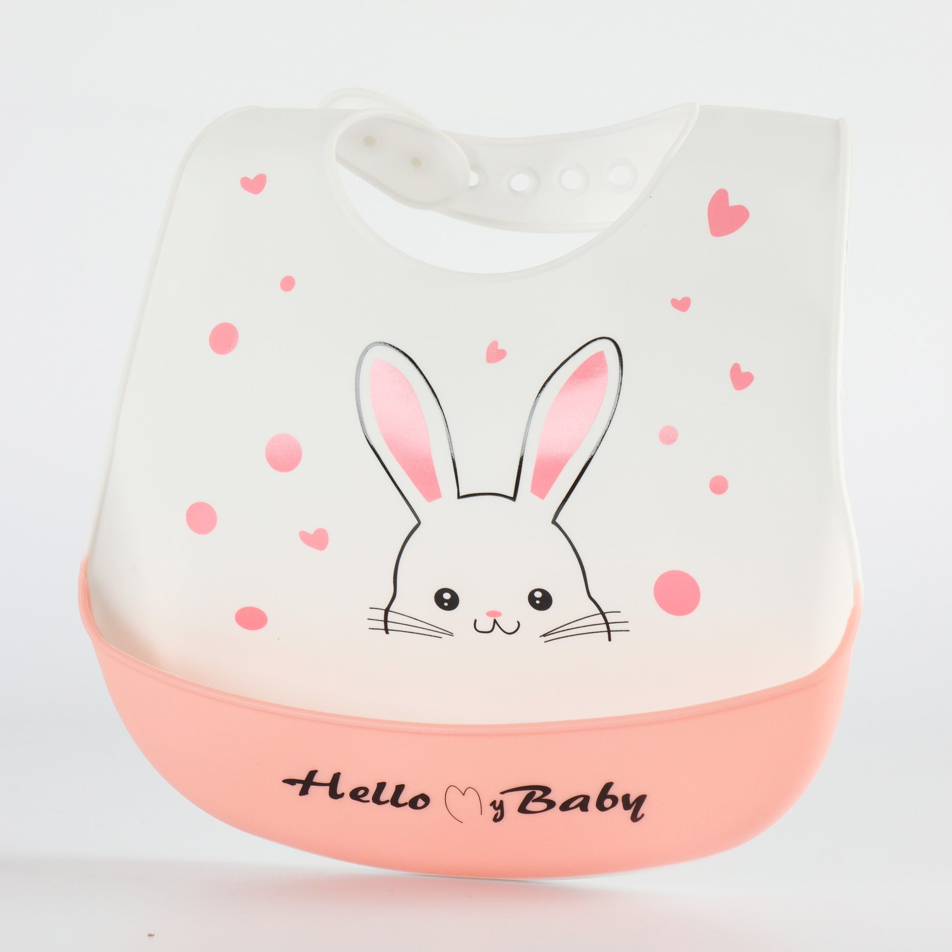 Baby Silicone Feeding Bib with Food Catcher Pocket – White & Pink Bunny Print