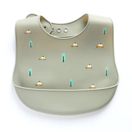 Baby Silicone Feeding Bib with Food Catcher Pocket – Sage Green Car & Tree Print