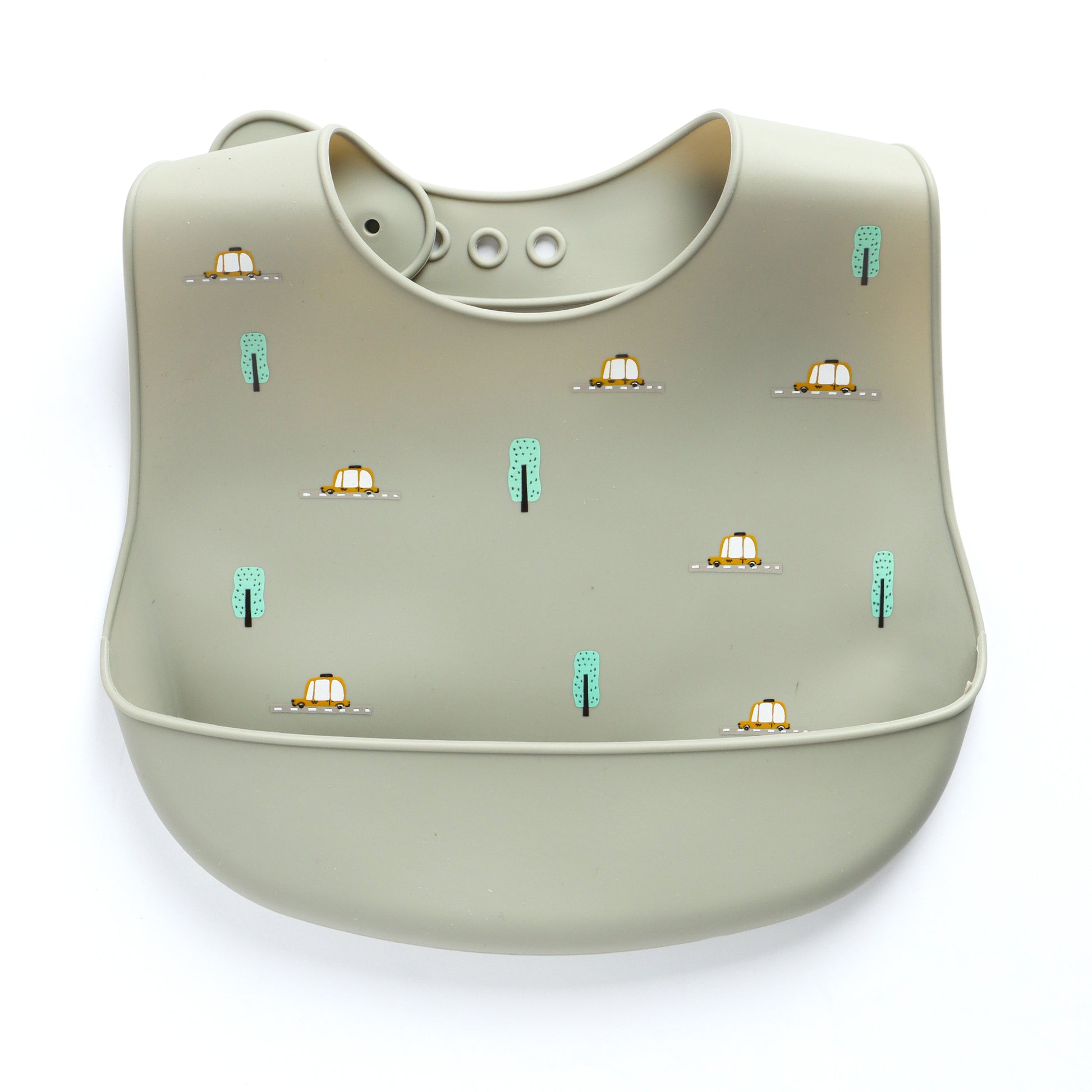 Baby Silicone Feeding Bib with Food Catcher Pocket – Sage Green Car & Tree Print