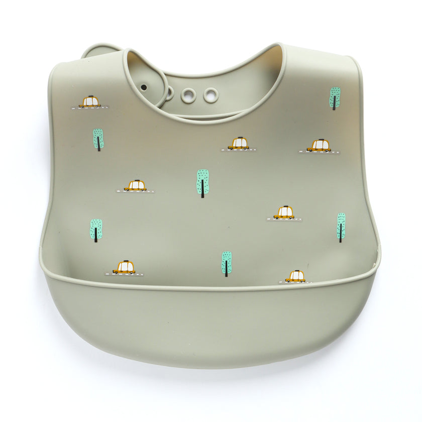Baby Silicone Feeding Bib with Food Catcher Pocket – Sage Green Car & Tree Print