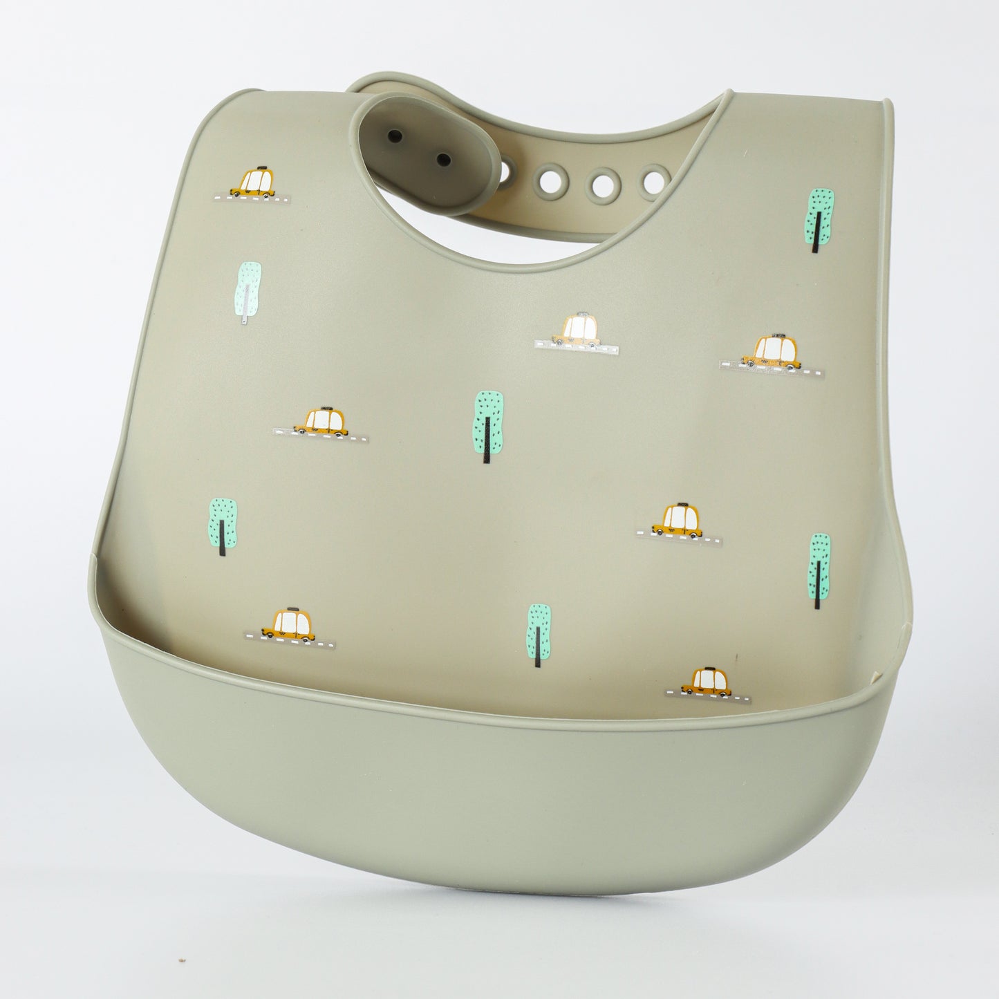 Baby Silicone Feeding Bib with Food Catcher Pocket – Sage Green Car & Tree Print