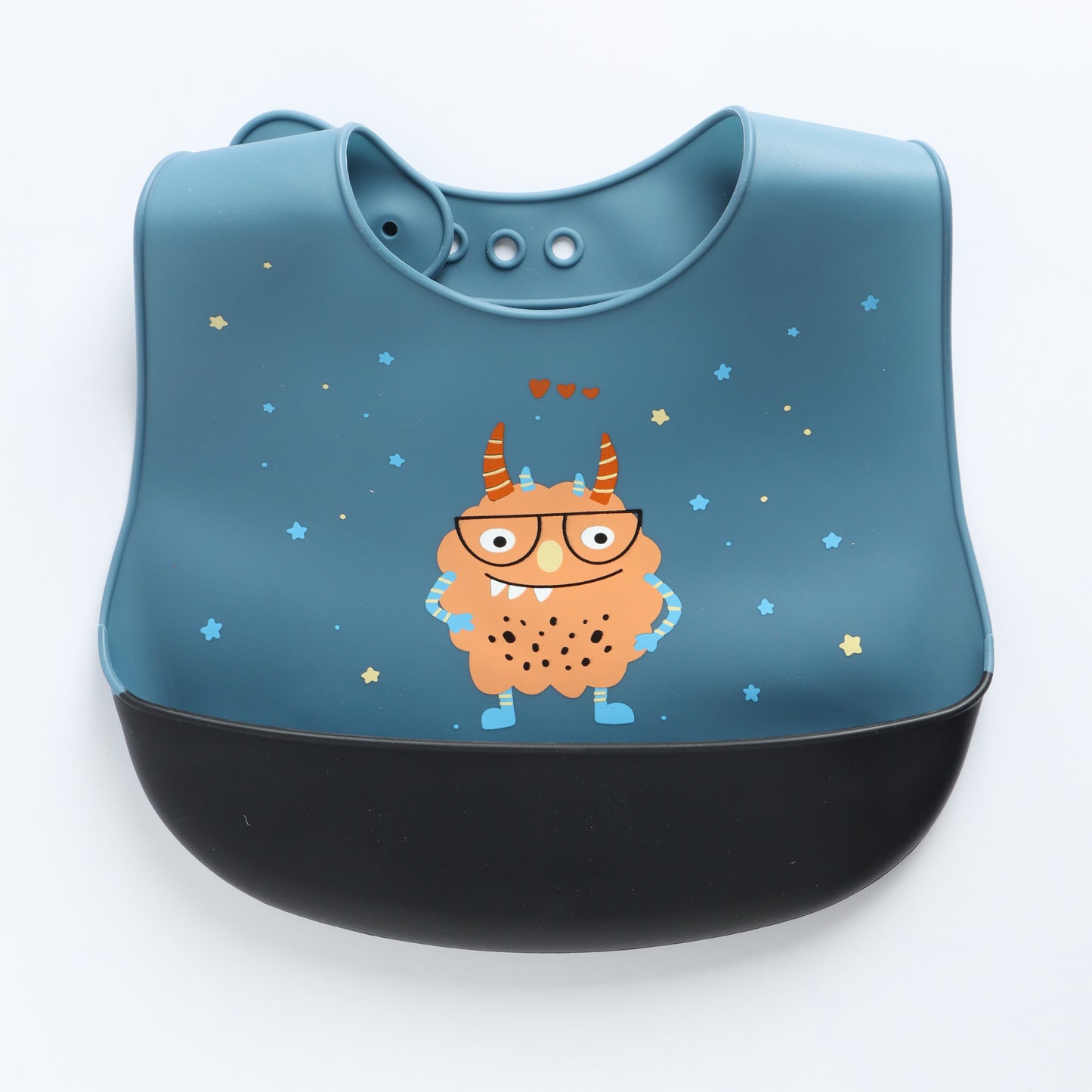 Kids Silicone Feeding Bib with Monster Print – Blue & Black