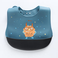 Kids Silicone Feeding Bib with Monster Print – Blue & Black