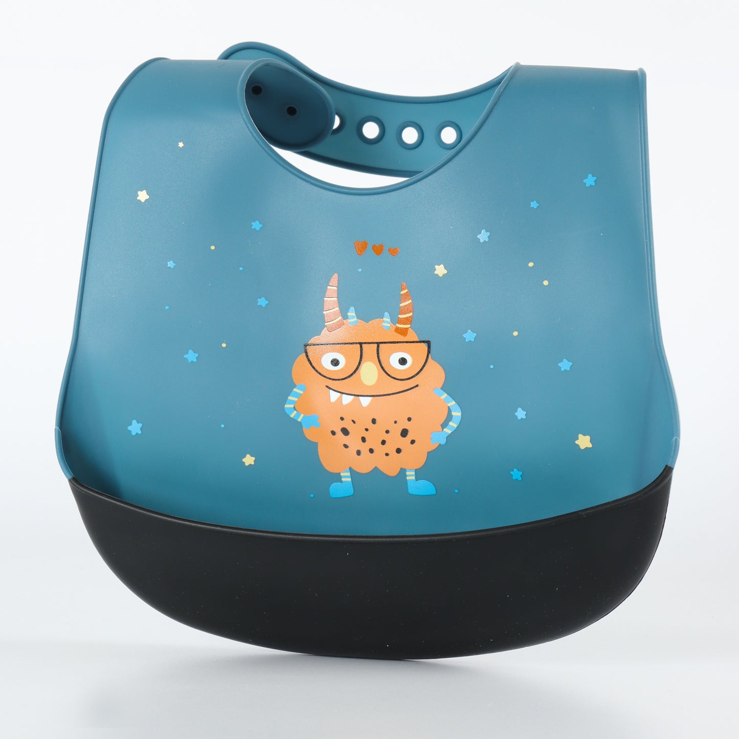 Kids Silicone Feeding Bib with Monster Print – Blue & Black