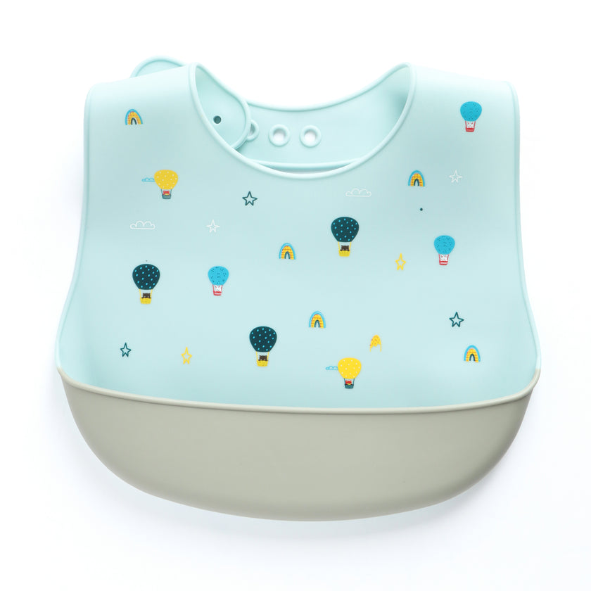 Kids Silicone Feeding Bib with Hot Air Balloon Print – Light Blue & Grey
