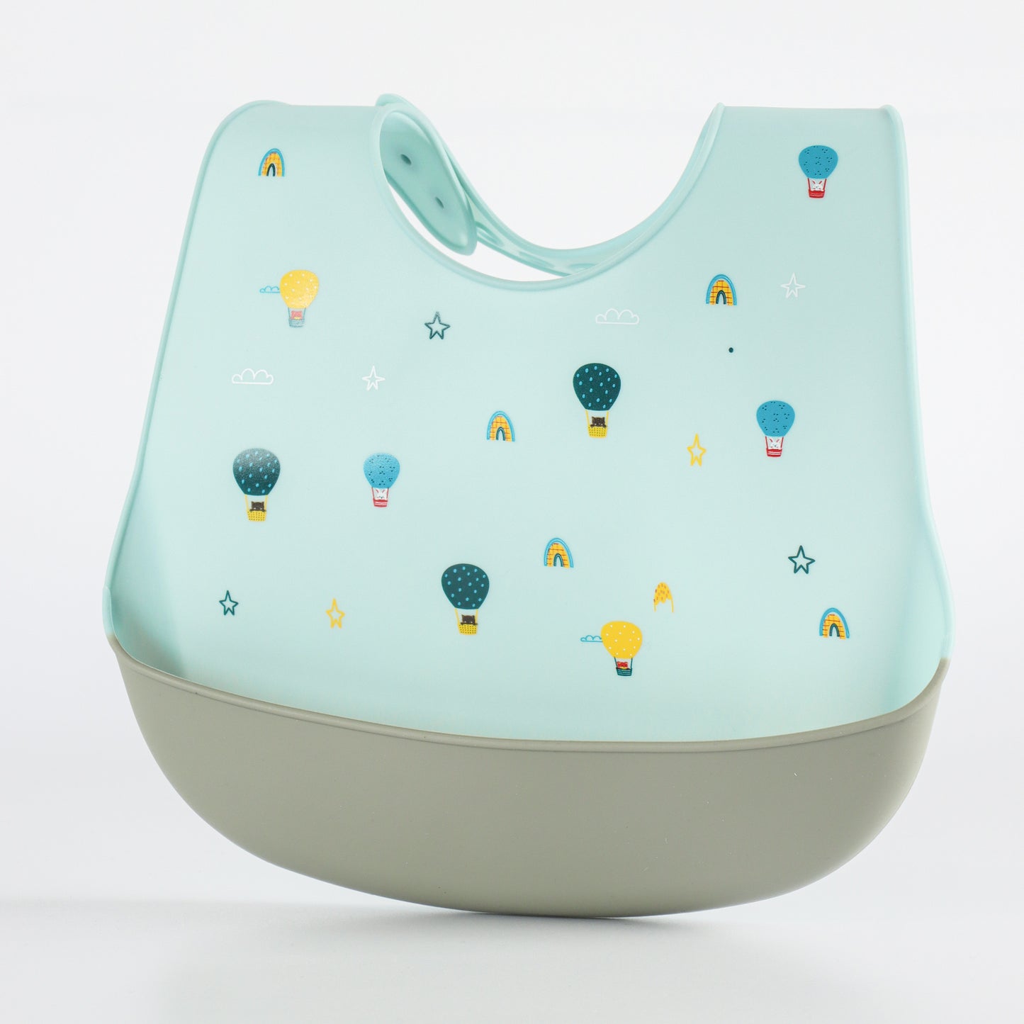 Kids Silicone Feeding Bib with Hot Air Balloon Print – Light Blue & Grey