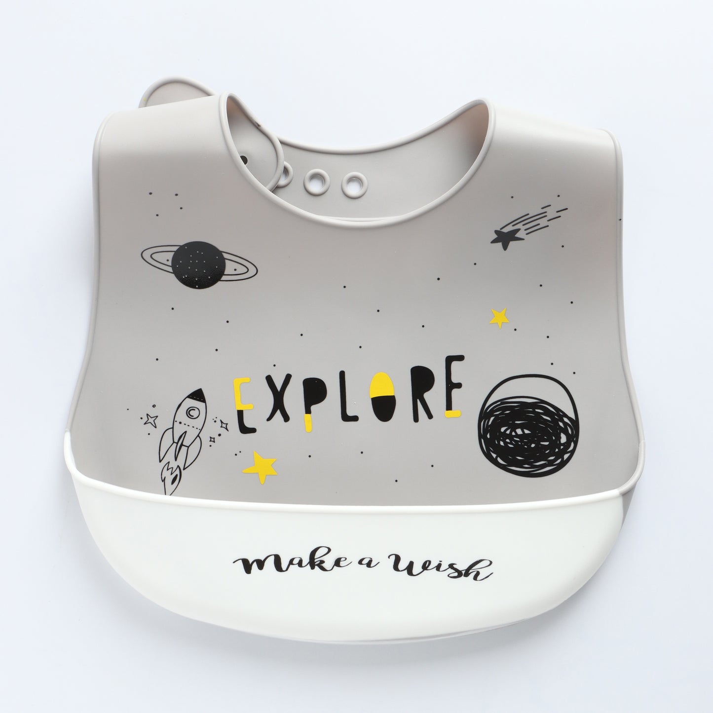 Kids Silicone Feeding Bib with Explore Space Print – Grey & White
