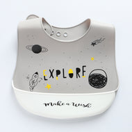Kids Silicone Feeding Bib with Explore Space Print – Grey & White