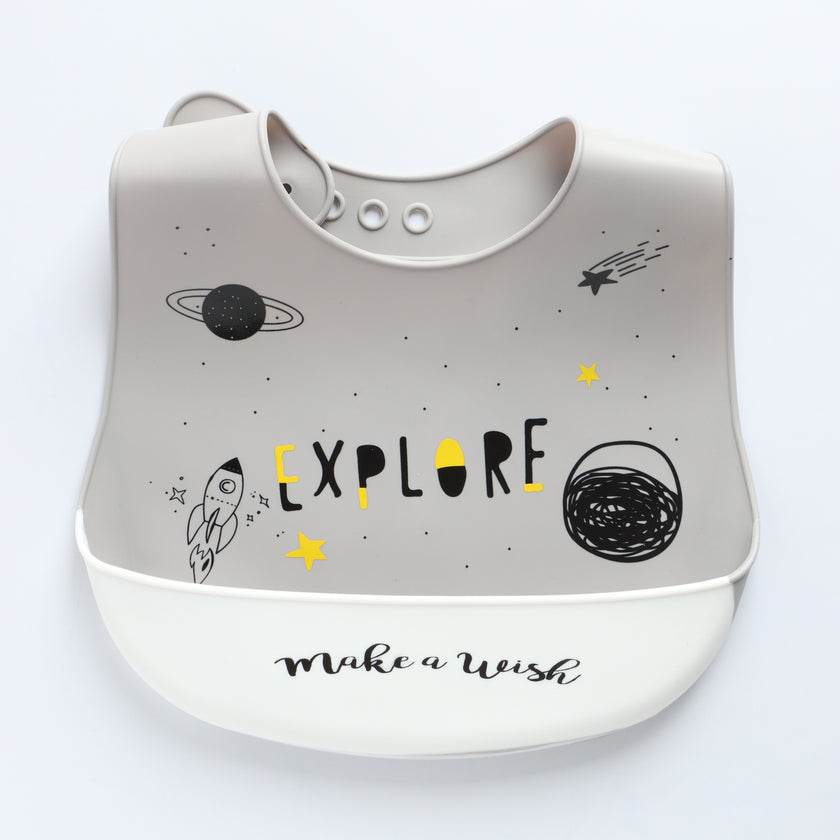 Kids Silicone Feeding Bib with Explore Space Print – Grey & White