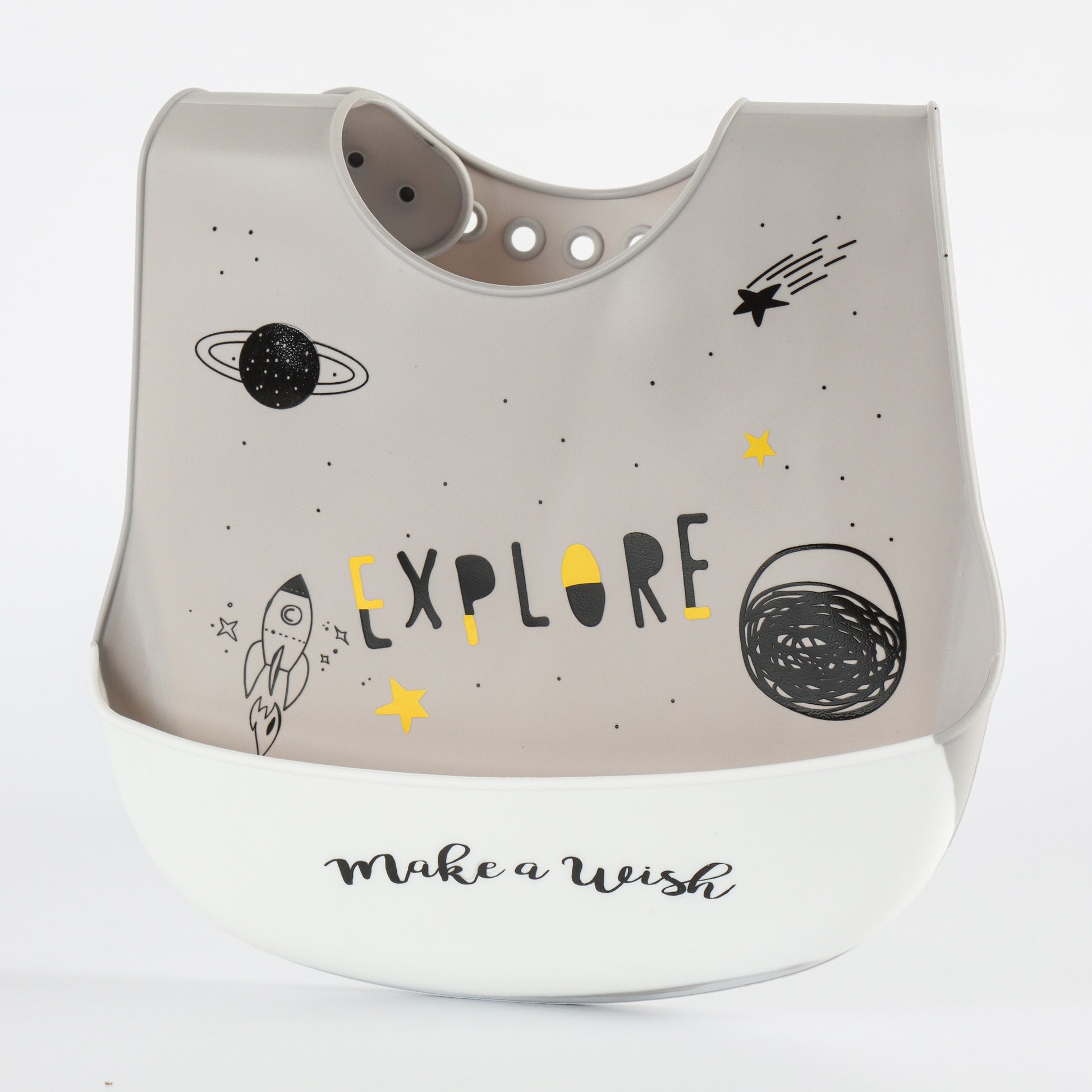 Kids Silicone Feeding Bib with Explore Space Print – Grey & White