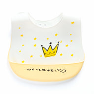 Kids Silicone Feeding Bib with Crown & Star Print – White & Yellow