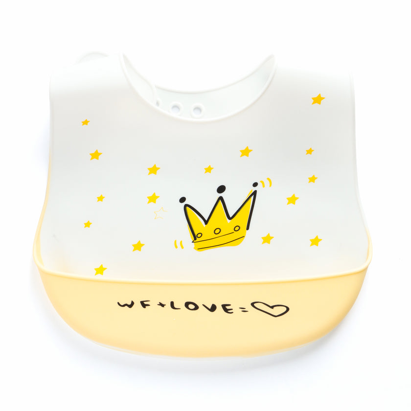 Kids Silicone Feeding Bib with Crown & Star Print – White & Yellow