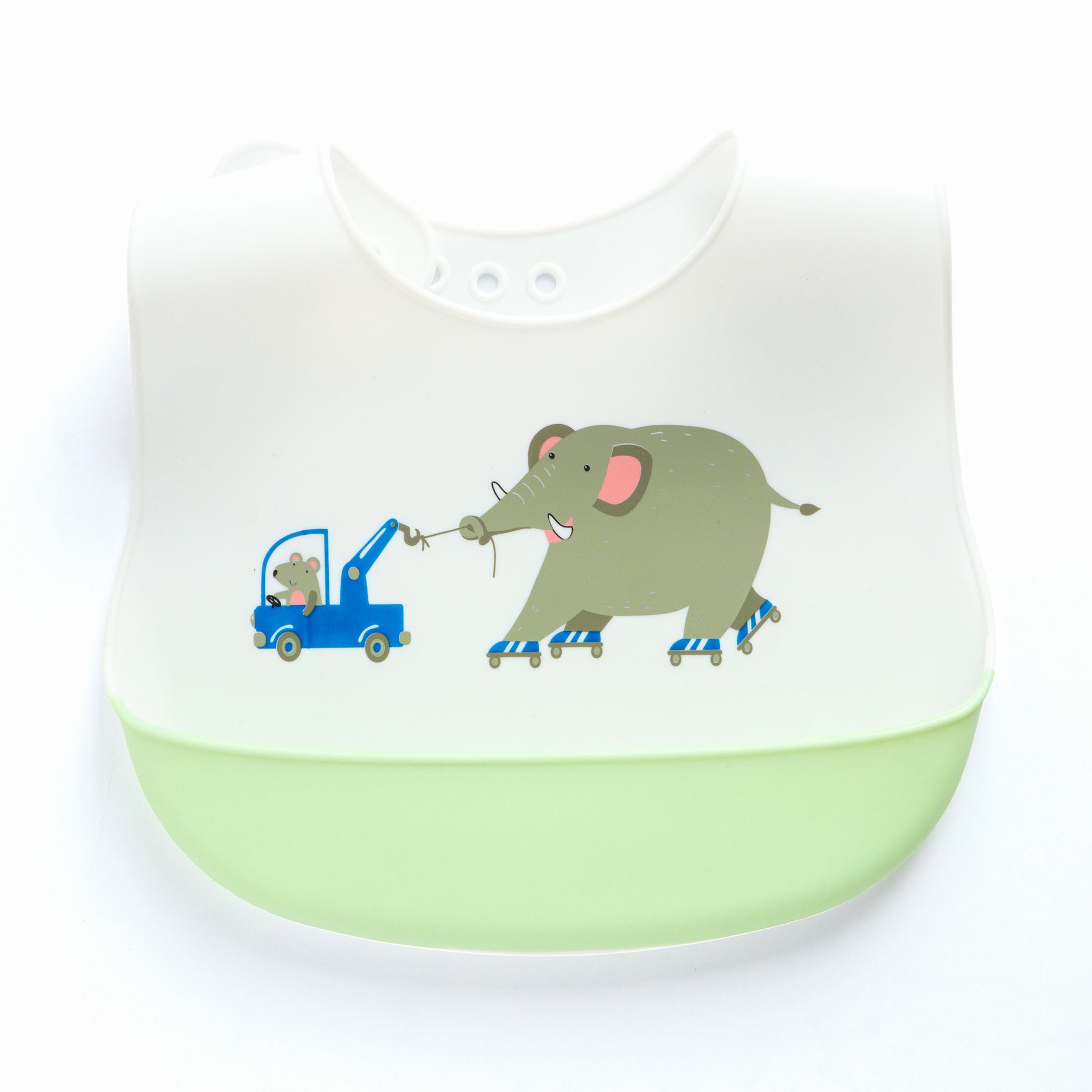 Kids Silicone Feeding Bib with Elephant Print – White & Light Green