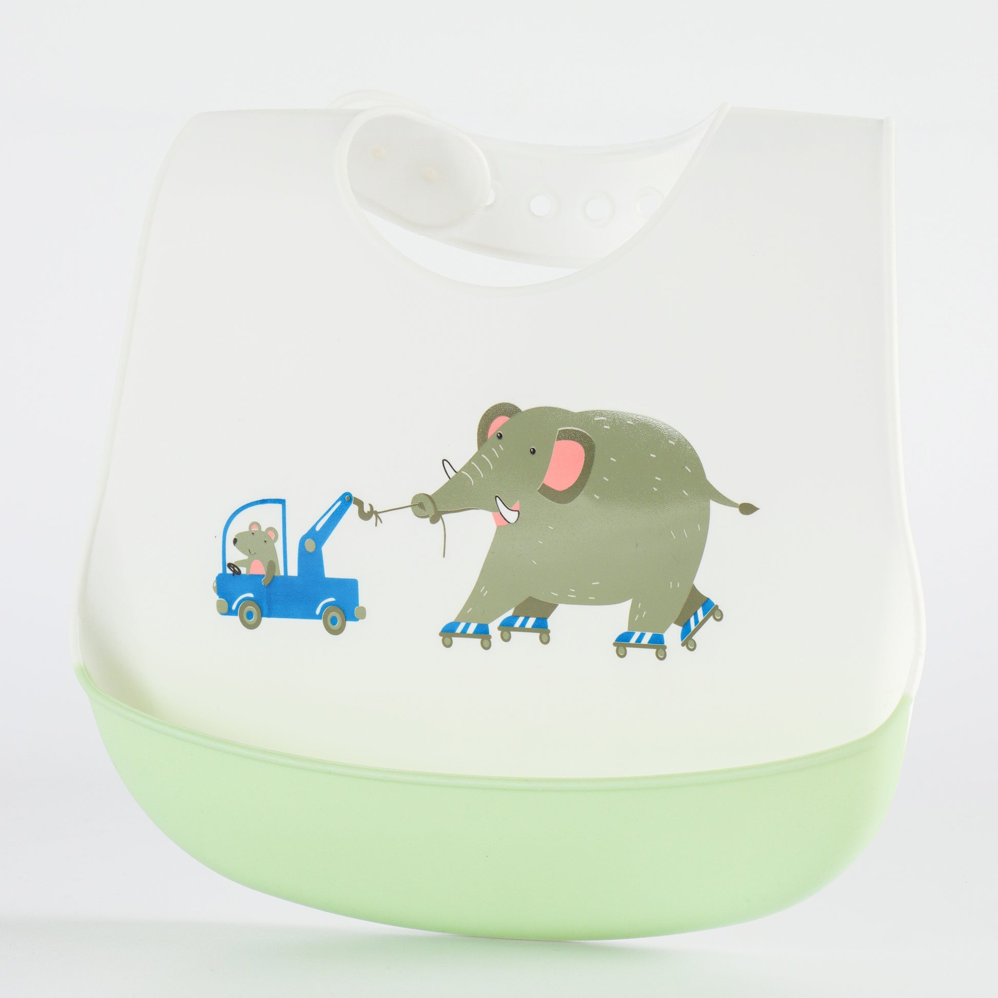 Kids Silicone Feeding Bib with Elephant Print – White & Light Green