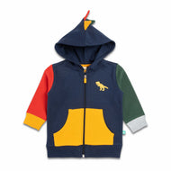 "Boys' Dino-Themed Colorblock Zip-Up Hoodie with 3D Spikes and Front Pockets"
