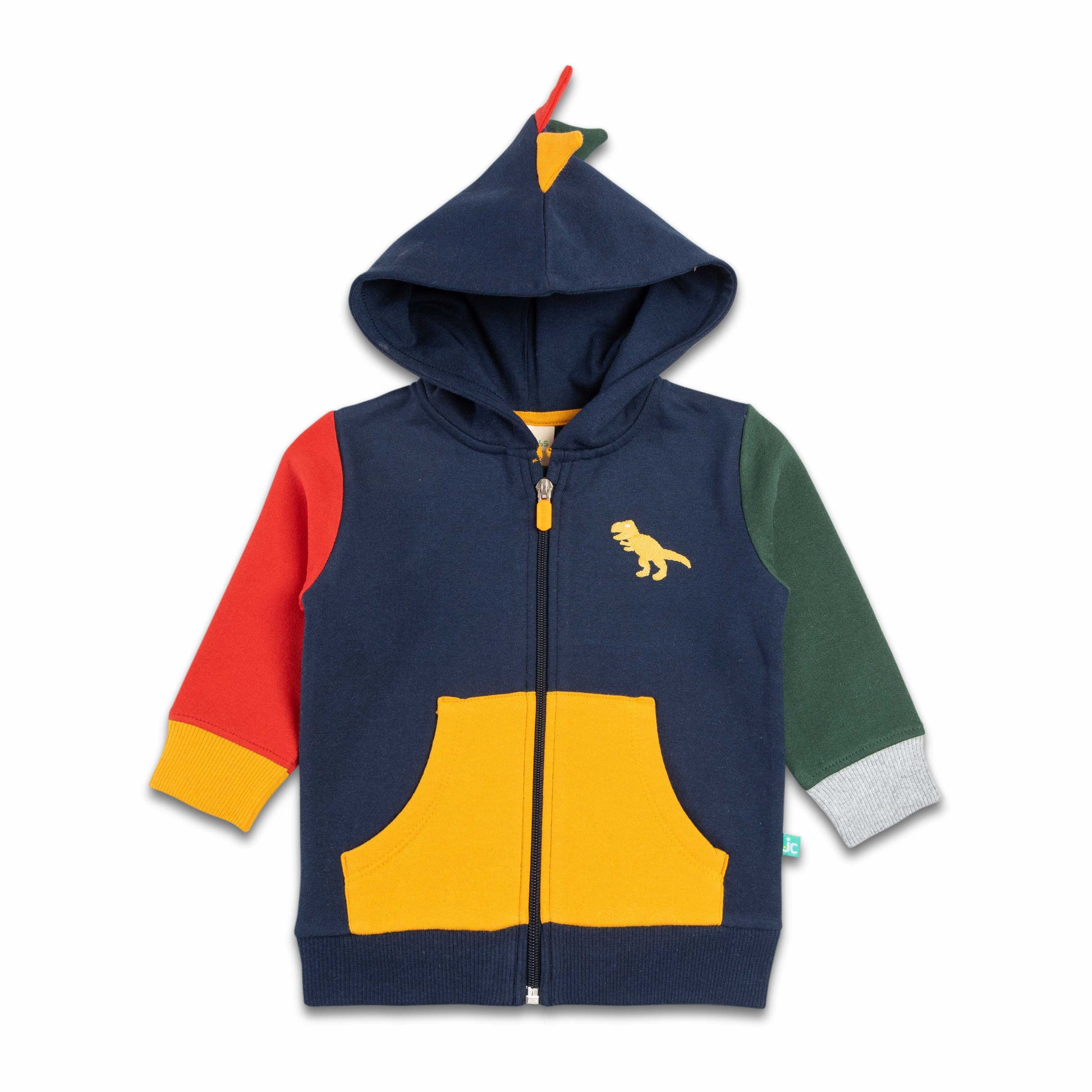 "Boys' Dino-Themed Colorblock Zip-Up Hoodie with 3D Spikes and Front Pockets"