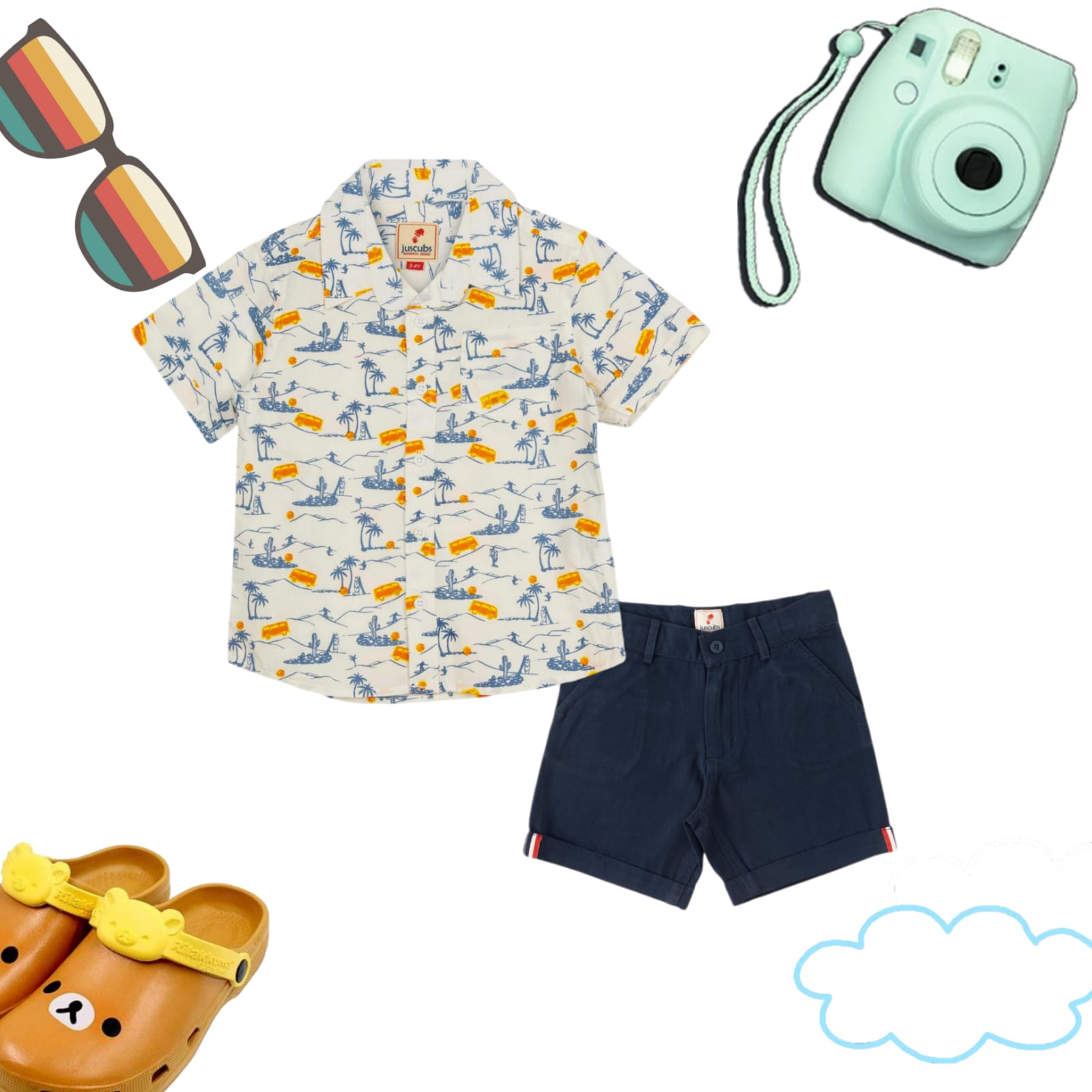 "Boys' Beach Van Print Shirt and Navy Shorts Set – Casual Summer Outfit"