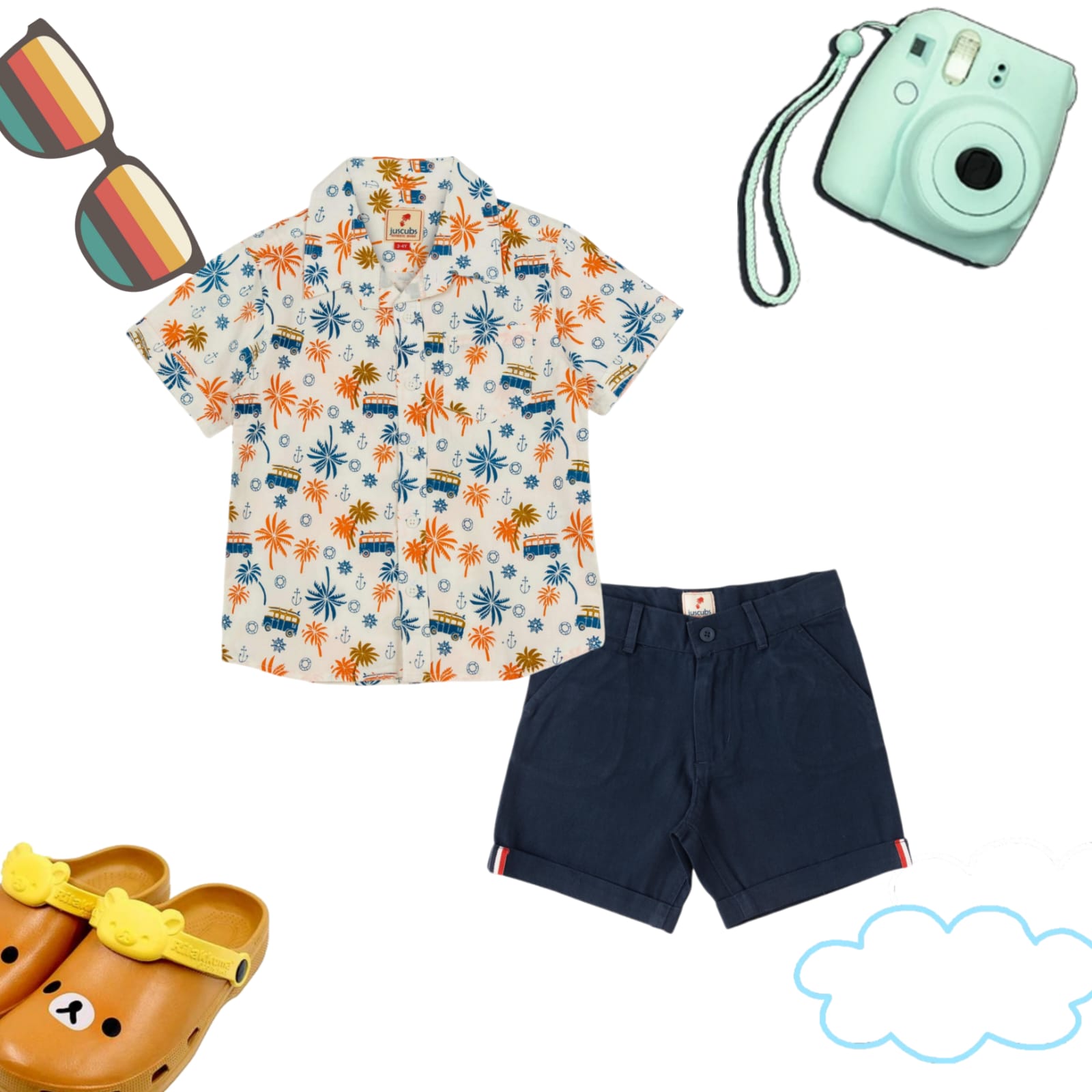 "Boys' Tropical Print Shirt and Navy Shorts Set – Summer Outfit"