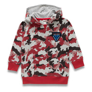 Boys' Red Camo Print Hoodie – Long Sleeve Pullover with Front Pocket & Patch Detail
