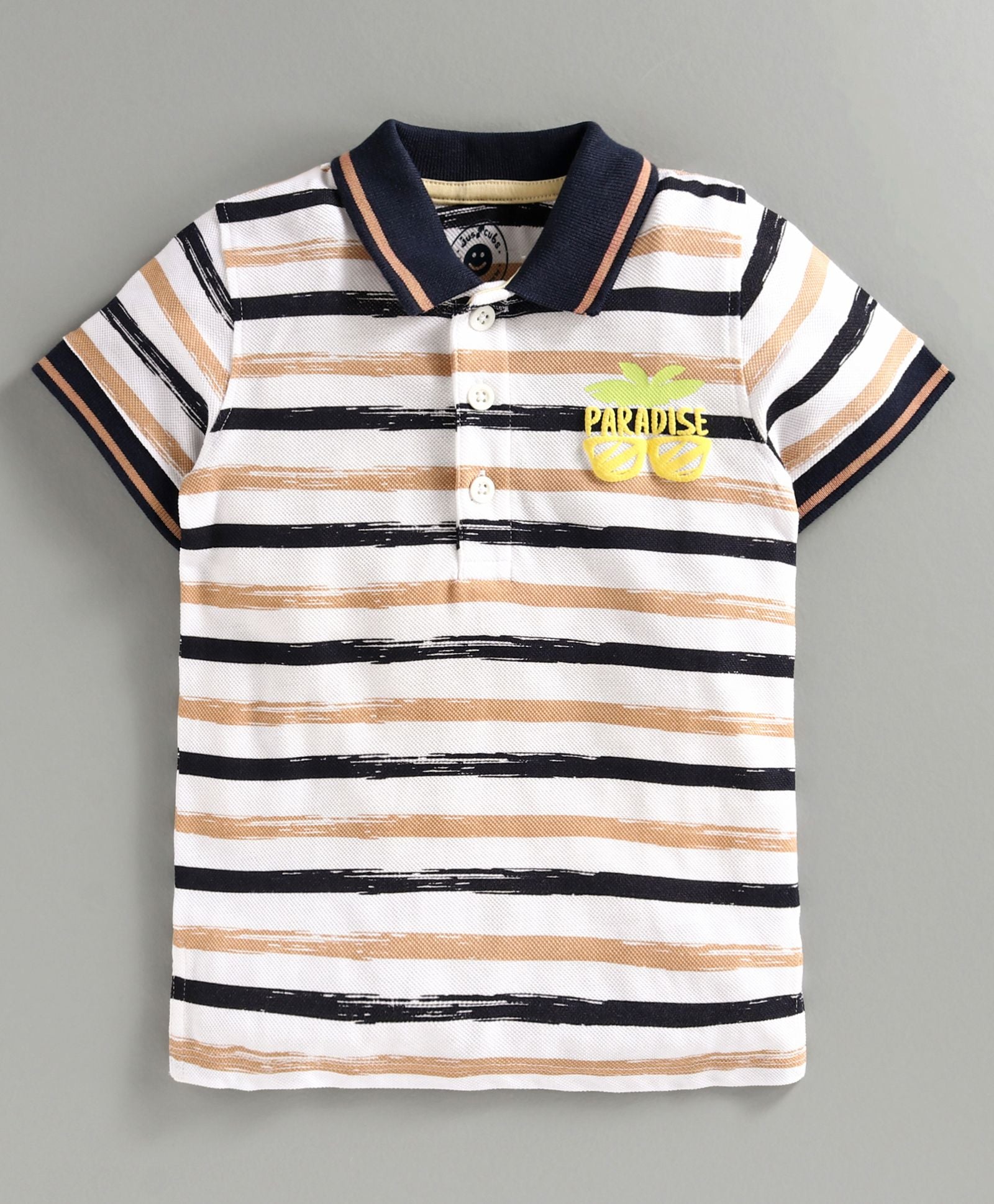 Boys' Striped Cotton Polo T-Shirt – “Paradise” Print, Short Sleeves (Yellow/Blue Variants)