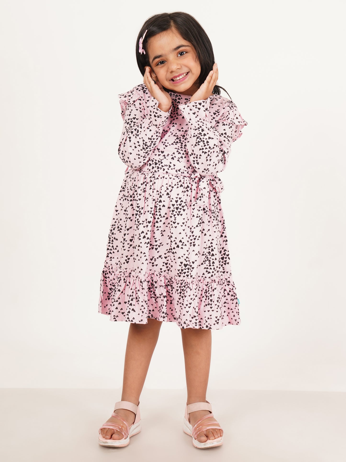 Girls' Pink Heart Print Ruffle Dress – Long Sleeve, Belted Waist, Elegant Party Wear