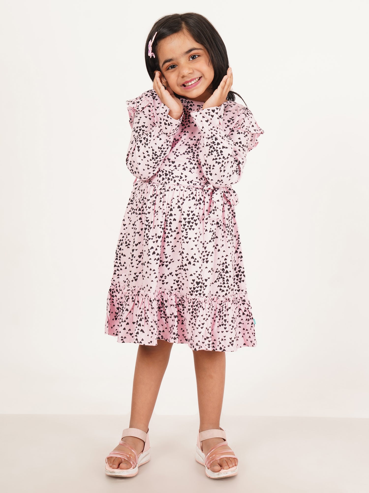 Girls' Pink Heart Print Ruffle Dress – Long Sleeve, Belted Waist, Elegant Party Wear