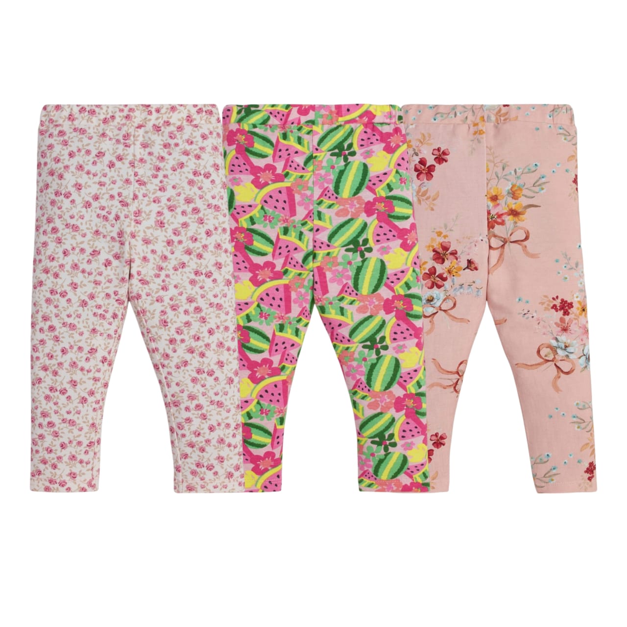 "Girls' Cotton Leggings - 3-Pack Fun Fruit & Floral Print Pants"