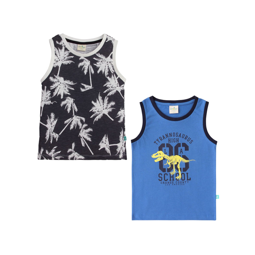 "Boys' 2-Pack T-shirt – Palm Tree & Dinosaur Graphic Sleeveless Tees"