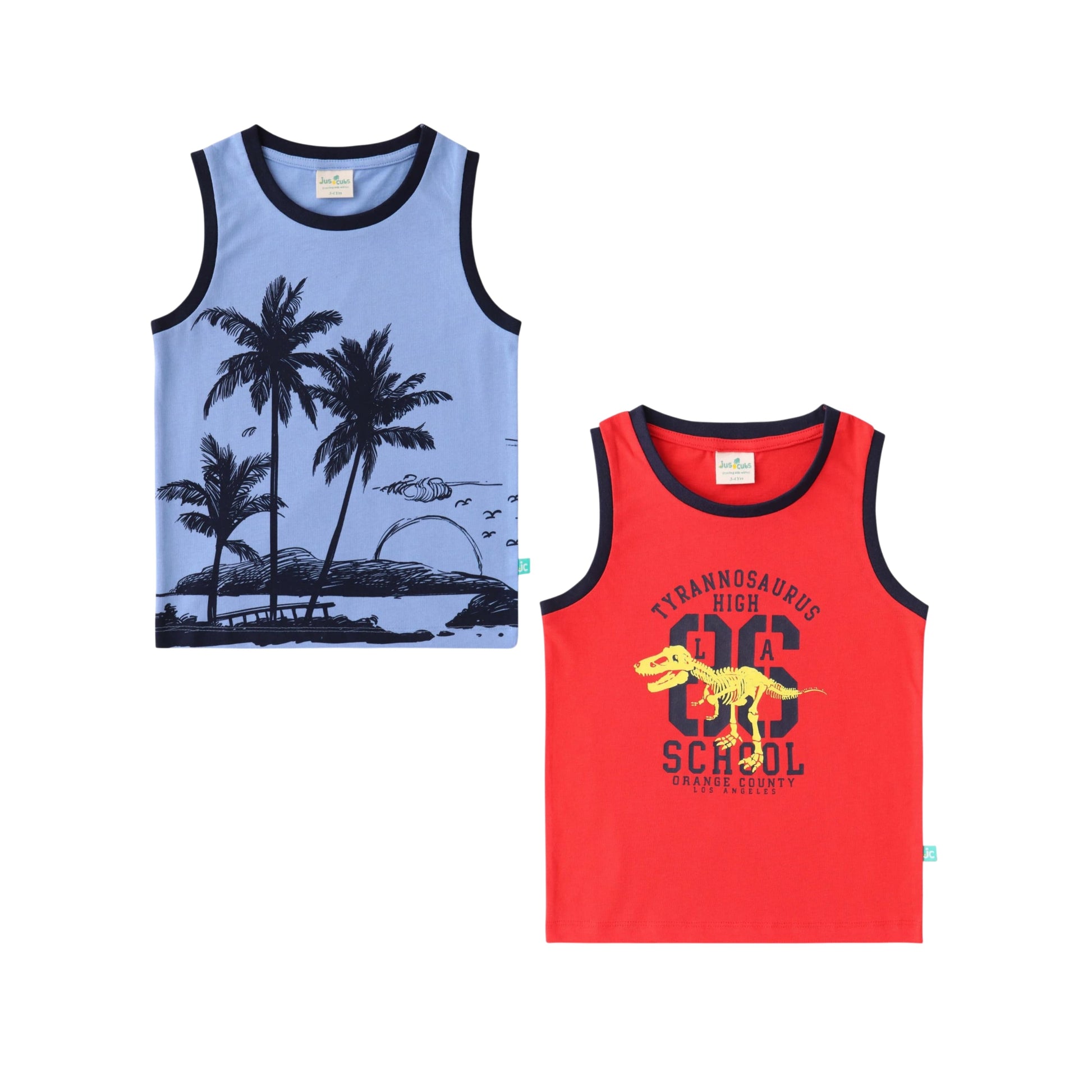 "Boys' 2-Pack T-shirt – Dinosaur & Tropical Island Graphic Sleeveless Tees (Red/Blue)"