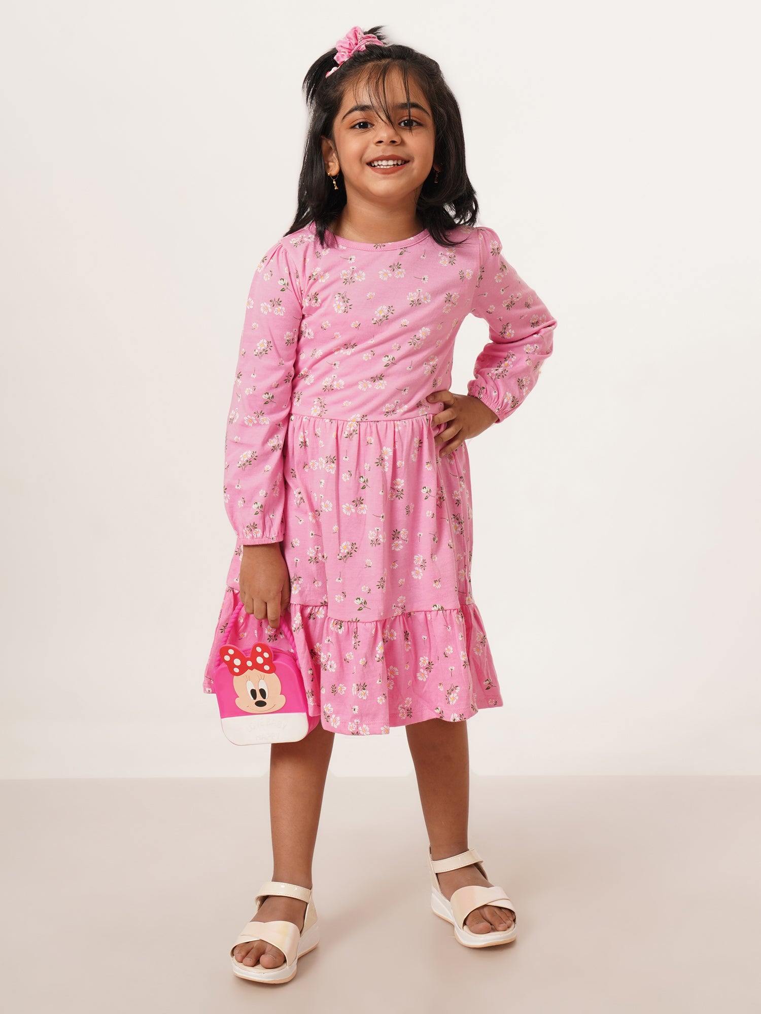 "Girls' Long Sleeve Pink Floral Print Cotton Dress with Ruffle Hem"