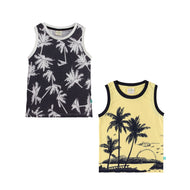 "Boys' Sleeveless Graphic T-shirt - Set of 2 (Tropical Palm Tree & Sunset Beach Prints)"