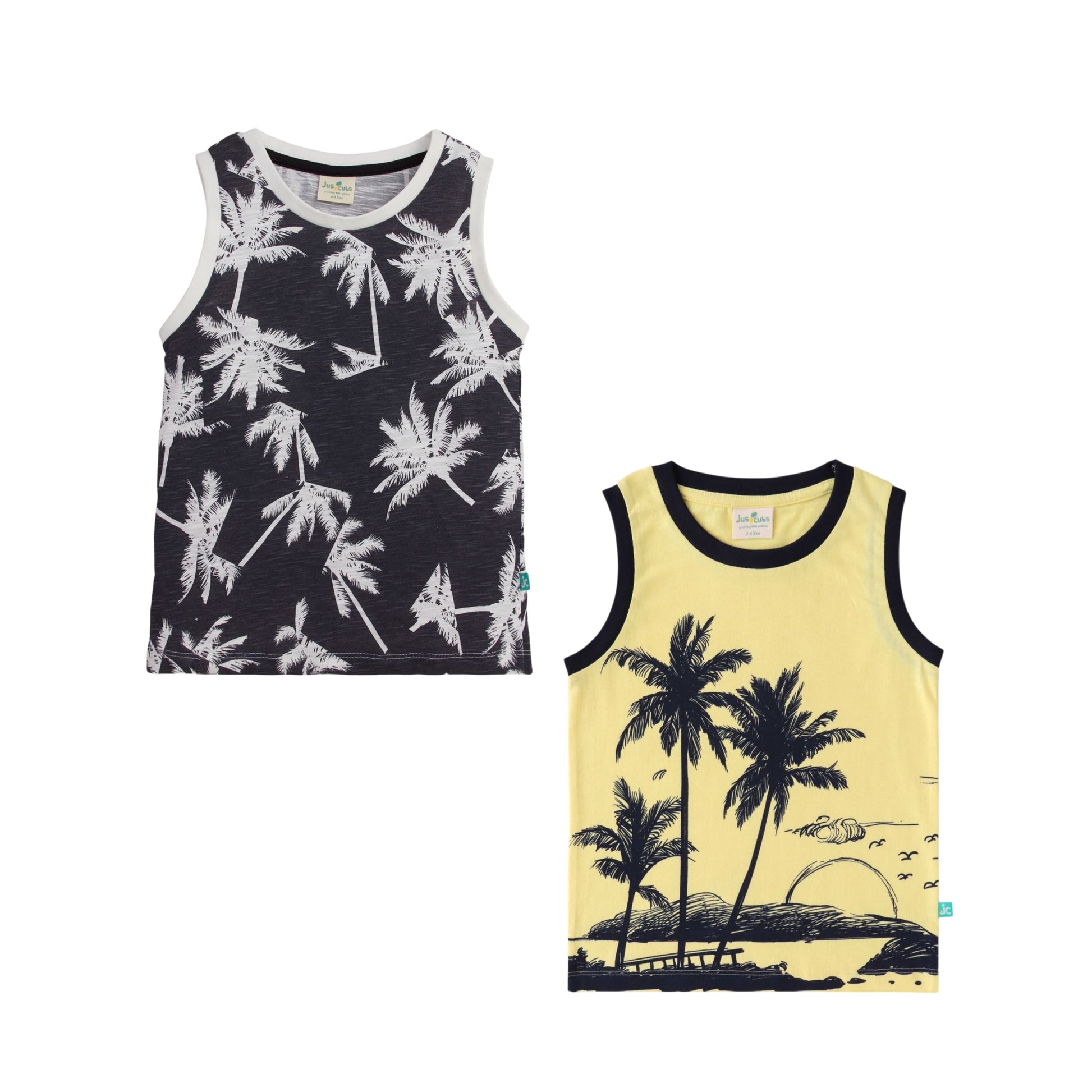 "Boys' Sleeveless Graphic T-shirt - Set of 2 (Tropical Palm Tree & Sunset Beach Prints)"