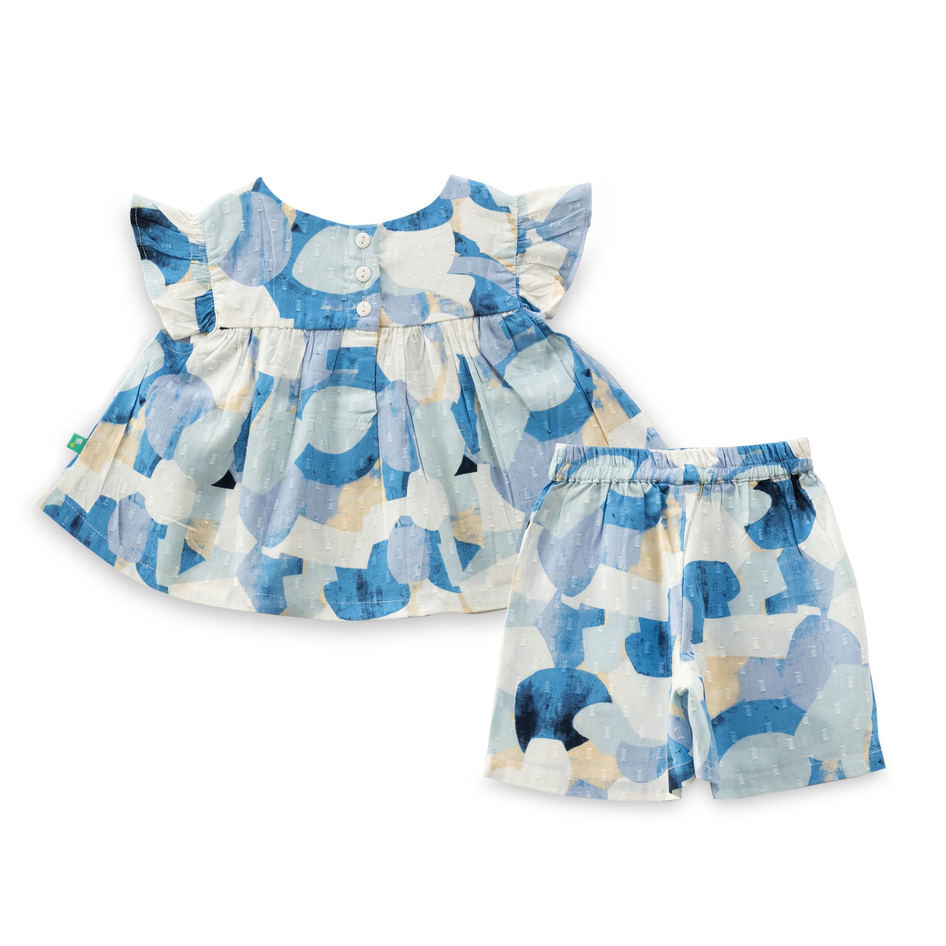 "Baby Girls Abstract Print Cotton Top & Shorts Set – Blue & White Co-ord"